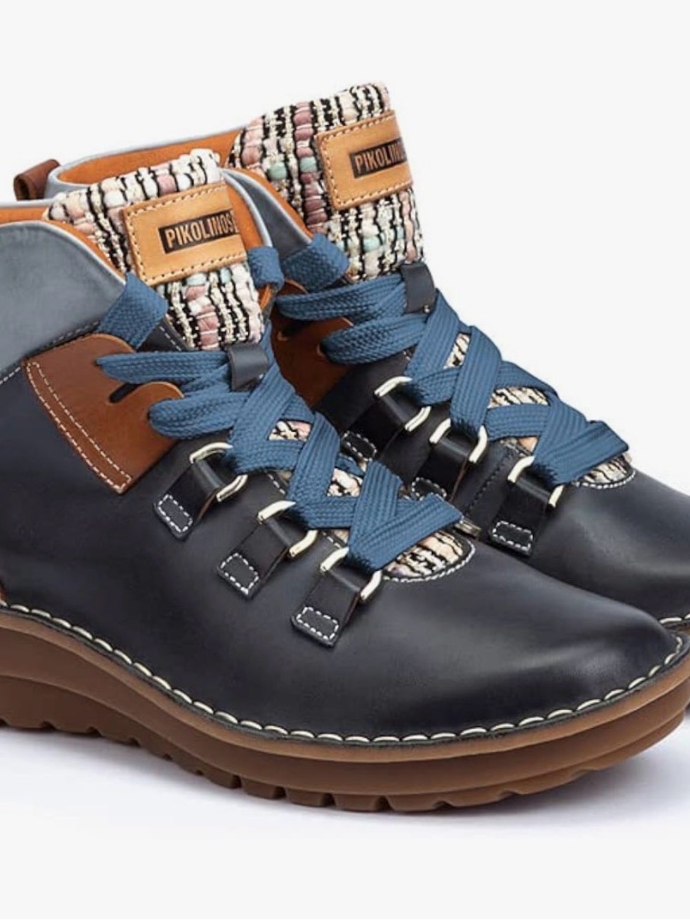 PIKOLINOS Navy and Brown Leather Lace-Up Boots with Blue Laces desert ankle boot